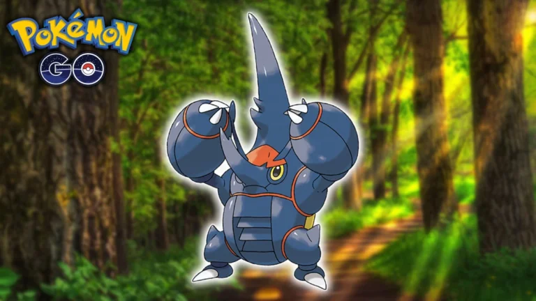 Pokémon Mega Heracross com um fundo de floresta
