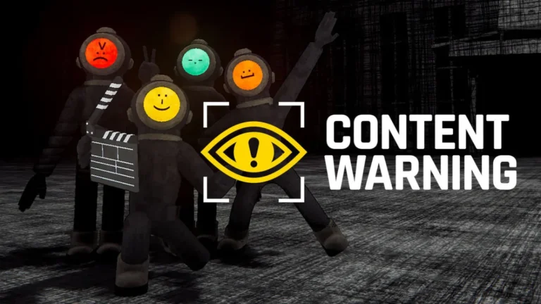 Divulgação do jogo Content Warning, com logo e três personagens que parecem câmeras